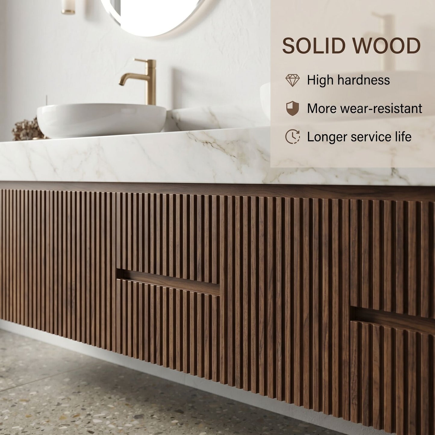 60''-96'' Modern Bathroom Vanity with Sink Double Sink Vertical Slatted Marble-look Drawers