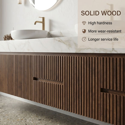 60''-96'' Modern Bathroom Vanity with Sink Double Sink Vertical Slatted Marble-look Drawers