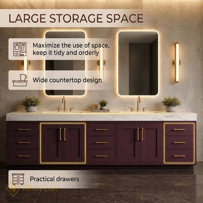 76''-96'' Double Bathroom Vanity with Sink Deep Plum Finish Integrated LED