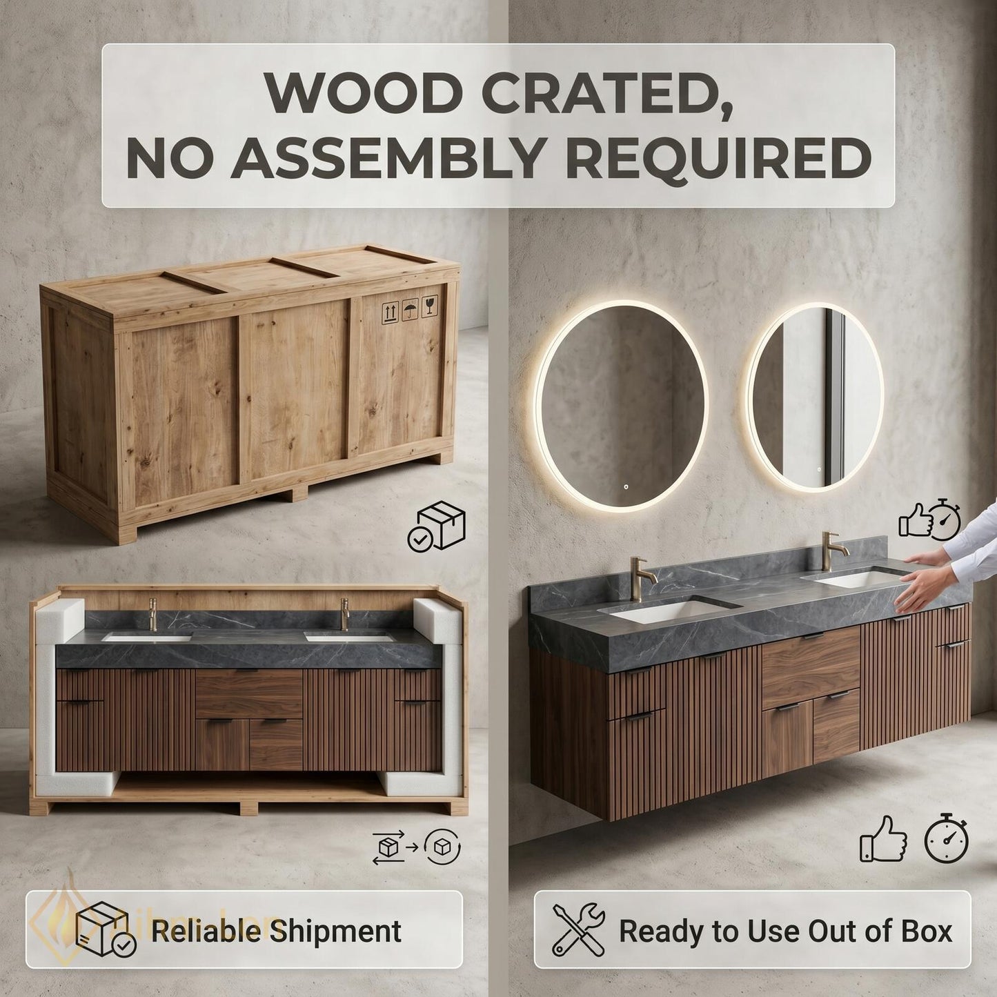 74''-96'' Double Bathroom Vanity with Sink Dark-Walnut Modern Floating Walnut