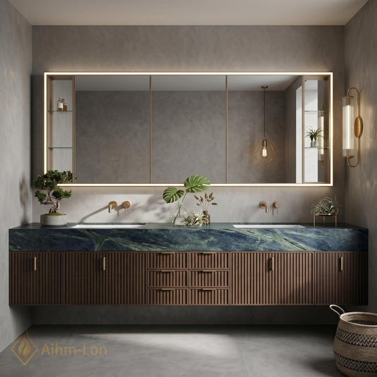 60''-96'' Double Bathroom Vanity with Sink Floating Deep Green Top Slatted Wood