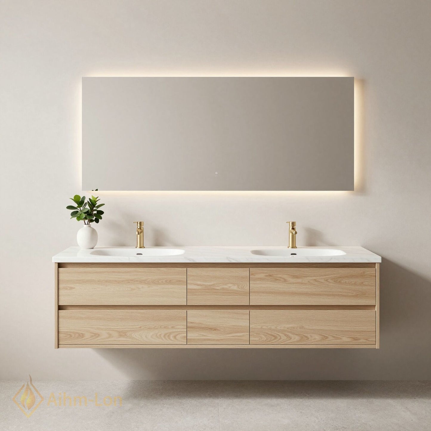 60''-96'' Modern Bathroom Vanity with Sink Marble Floating Wooden Grain Lighted Mirror