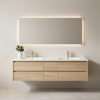 60''-96'' Modern Bathroom Vanity with Sink Marble Floating Wooden Grain Lighted Mirror
