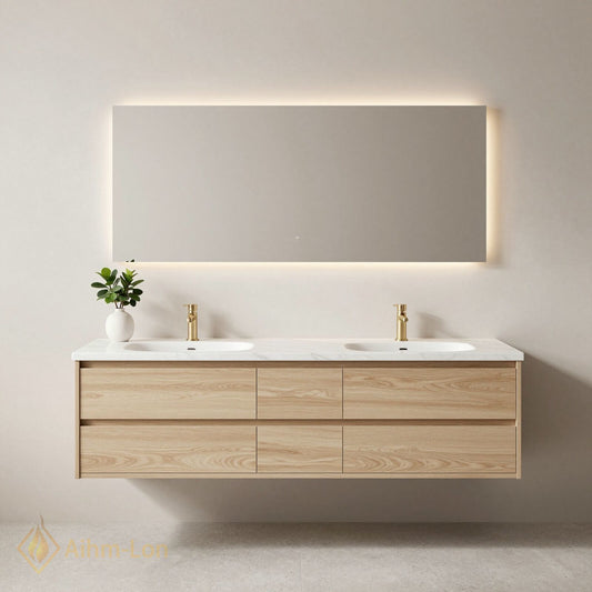 60''-96'' Modern Bathroom Vanity with Sink Marble Floating Wooden Grain Lighted Mirror