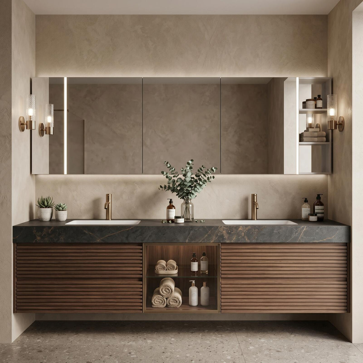 60''-96'' Double Bathroom Vanity with Sink Modern Floating Dark Stone-Effect Slatted Wood