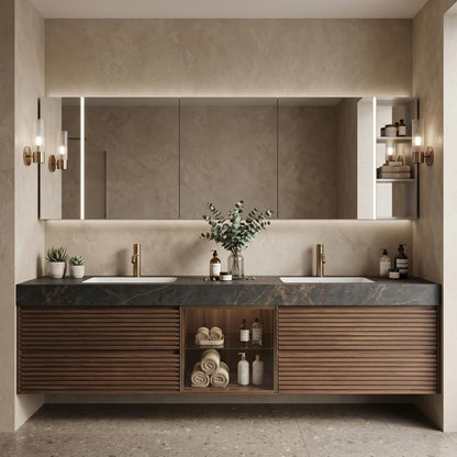 60''-96'' Double Bathroom Vanity with Sink Modern Floating Dark Stone-Effect Slatted Wood