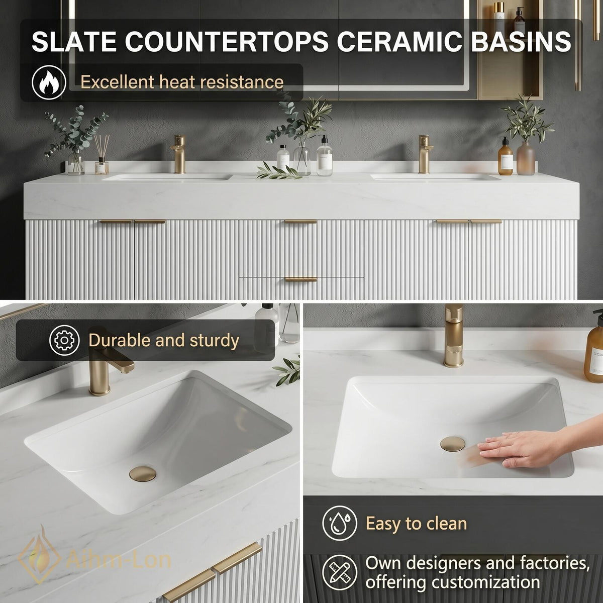 60''-96'' Double Bathroom Vanity with Sink Sleek Floating Ribbed Doors Stone-Effect Top