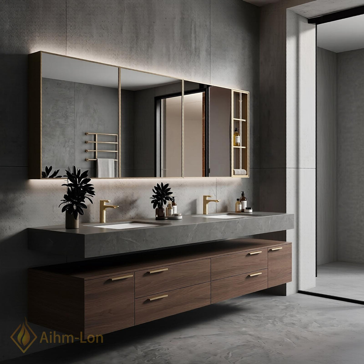 60''-96'' Double Bathroom Vanity with Sink Modern Slatted Center Dark Walnut Warm