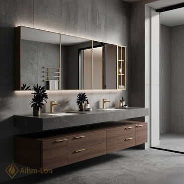 60''-96'' Double Bathroom Vanity with Sink Modern Slatted Center Dark Walnut Warm