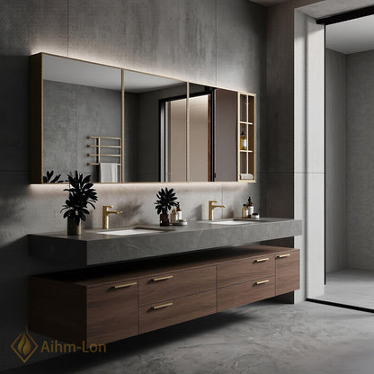 60''-96'' Double Bathroom Vanity with Sink Modern Slatted Center Dark Walnut Warm