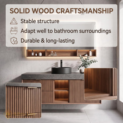 36''-110'' Floating Bathroom Vanity with Sink Slatted Front Grey Top Wood Drawers