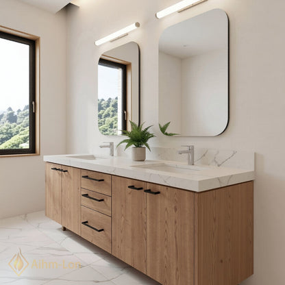 60''-96'' Modern Bathroom Vanity with Sink Marble Gold Wood Floating Drawers