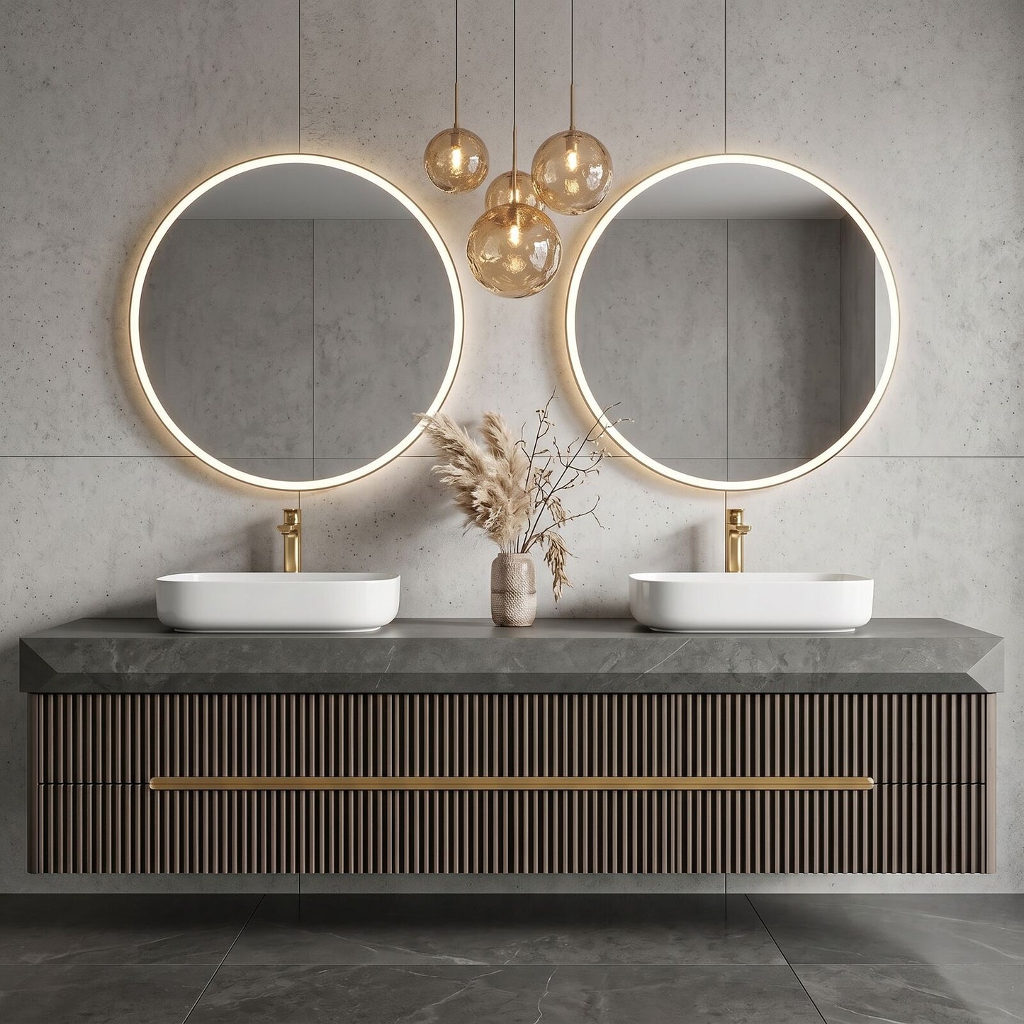 60''-96'' Double Bathroom Vanity with Sink Dark Concrete Slatted Wood Drawers Cabinet