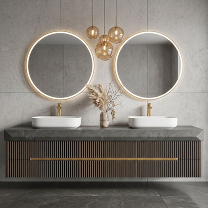 60''-96'' Double Bathroom Vanity with Sink Dark Concrete Slatted Wood Drawers Cabinet