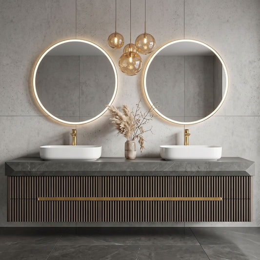 60''-96'' Double Bathroom Vanity with Sink Dark Concrete Slatted Wood Drawers Cabinet