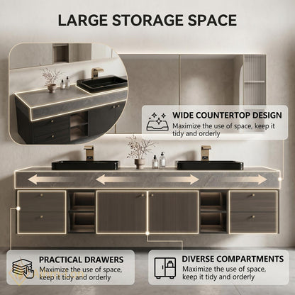 72''-96'' Double Bathroom Vanity with Sink Dark-Walnut Slatted-Panel Floating Elegant
