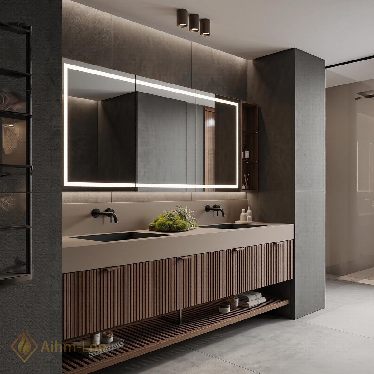 60''-96'' Double Bathroom Vanity with Sink Modern Walnut Slatted Panel Open Base Shelf