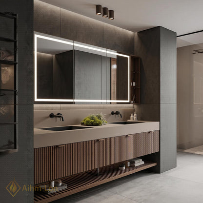 60''-96'' Double Bathroom Vanity with Sink Modern Walnut Slatted Panel Open Base Shelf