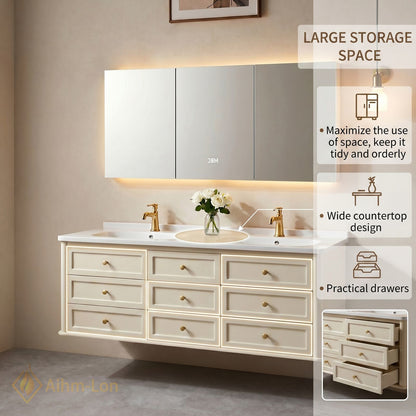 60''-96'' Sleek Bathroom Vanity with Sink Floating Warm Cream Spacious Storage Cabinet