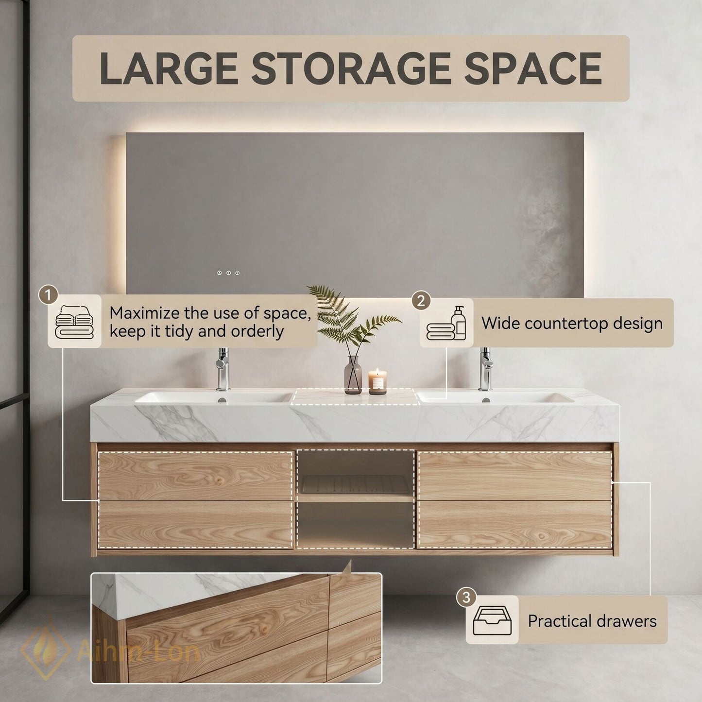 60''-96'' Double Bathroom Vanity with Sink White Marble Top Two Large Drawers Cabinet