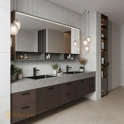60''-96'' Double Bathroom Vanity with Sink Fluted Panels Charcoal Grey Finish