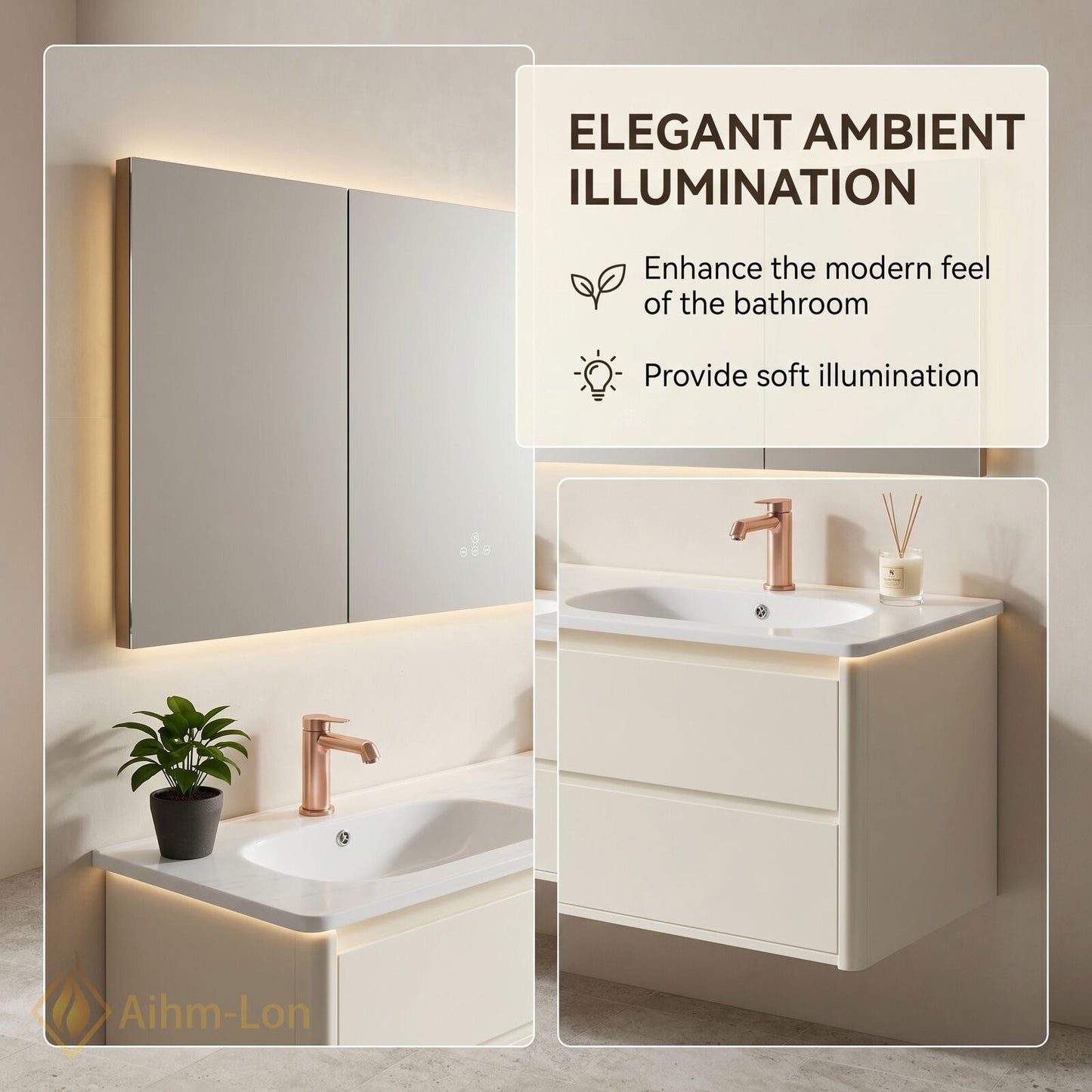 60''-96'' Modern Bathroom Vanity with Sink Floating Matte White Anti-Fog Mirror Drawers