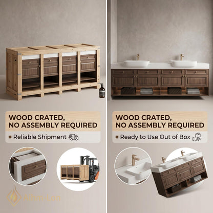 60''-96'' Double Bathroom Vanity with Sink Modern Dark Walnut Slatted Center Panel