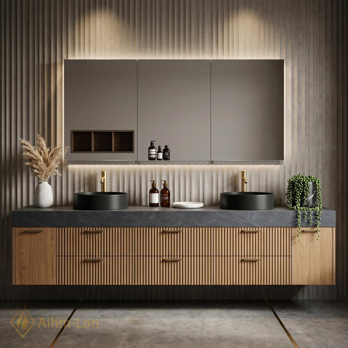 60''-96'' Double Bathroom Vanity with Sink Dark Stone Top Ribbed Panel Front