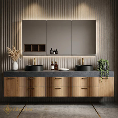 60''-96'' Double Bathroom Vanity with Sink Dark Stone Top Ribbed Panel Front