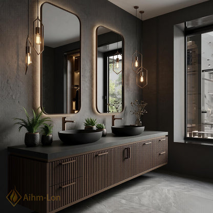 70''-96'' Double Bathroom Vanity with Sink Dark Modern Floating Slatted-Panels Bronze