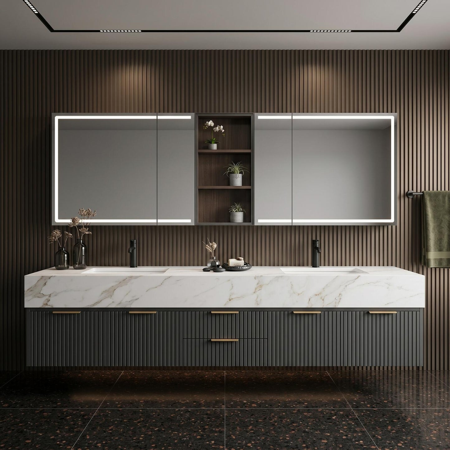 60''-96'' Modern Bathroom Vanity with Sink Double Sink Dark Walnut Slatted Center Panel Cabinet