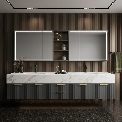 60''-96'' Modern Bathroom Vanity with Sink Double Sink Dark Walnut Slatted Center Panel Cabinet