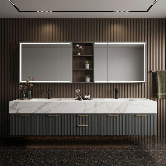 60''-96'' Modern Bathroom Vanity with Sink Double Sink Dark Walnut Slatted Center Panel Cabinet