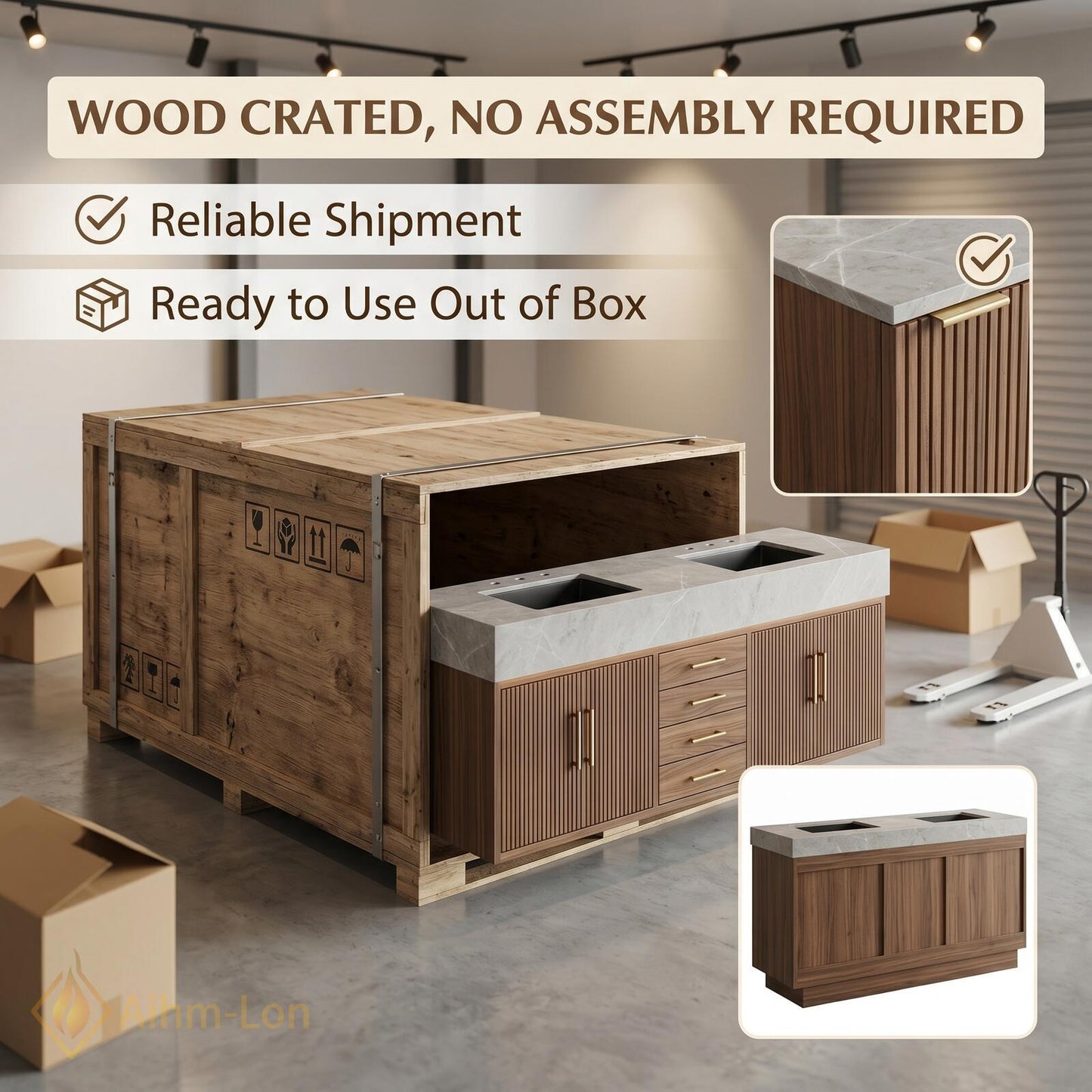 60''-96'' Double Bathroom Vanity with Sink Dark-Walnut Modern Floating Center Shelving