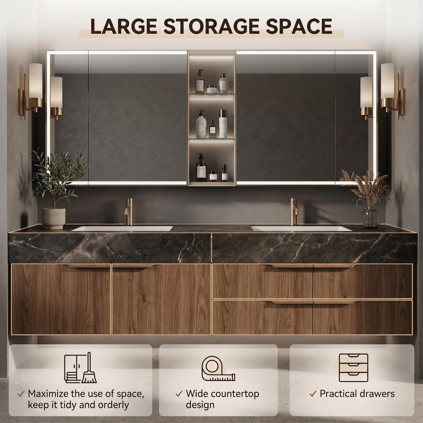 60''-96'' Modern Bathroom Vanity with Sink Floating Dark Stone Dual White Basins Cabinet