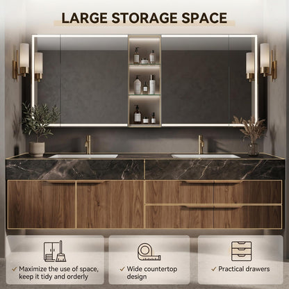 60''-96'' Modern Bathroom Vanity with Sink Floating Dark Stone Dual White Basins Cabinet
