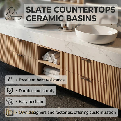 60''-96'' Double Bathroom Vanity with Sink Modern Ribbed Wood Panels Marble-Style Top
