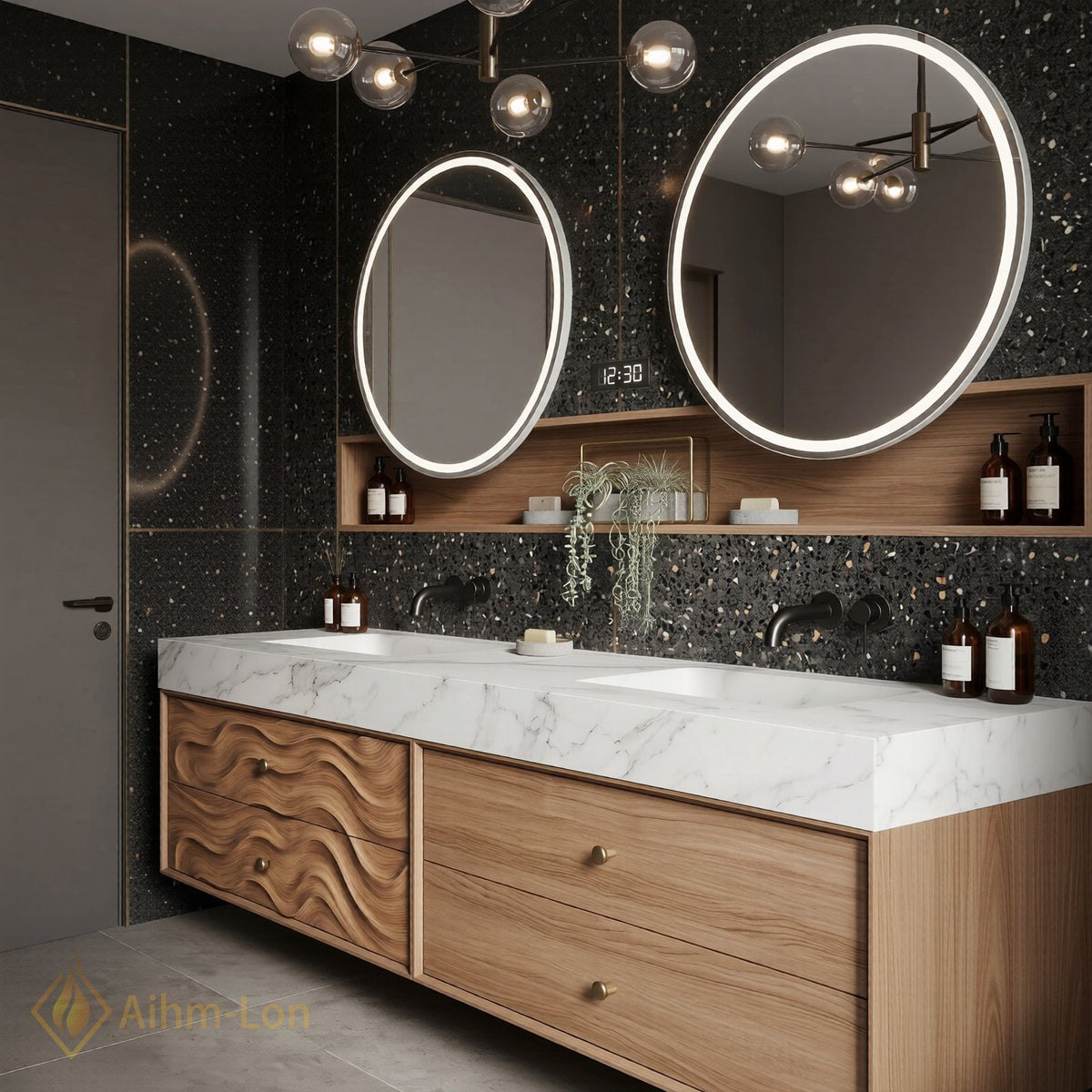 60''-96'' Double Bathroom Vanity with Sink Wavy Wood Panels Open Mirror Shelves