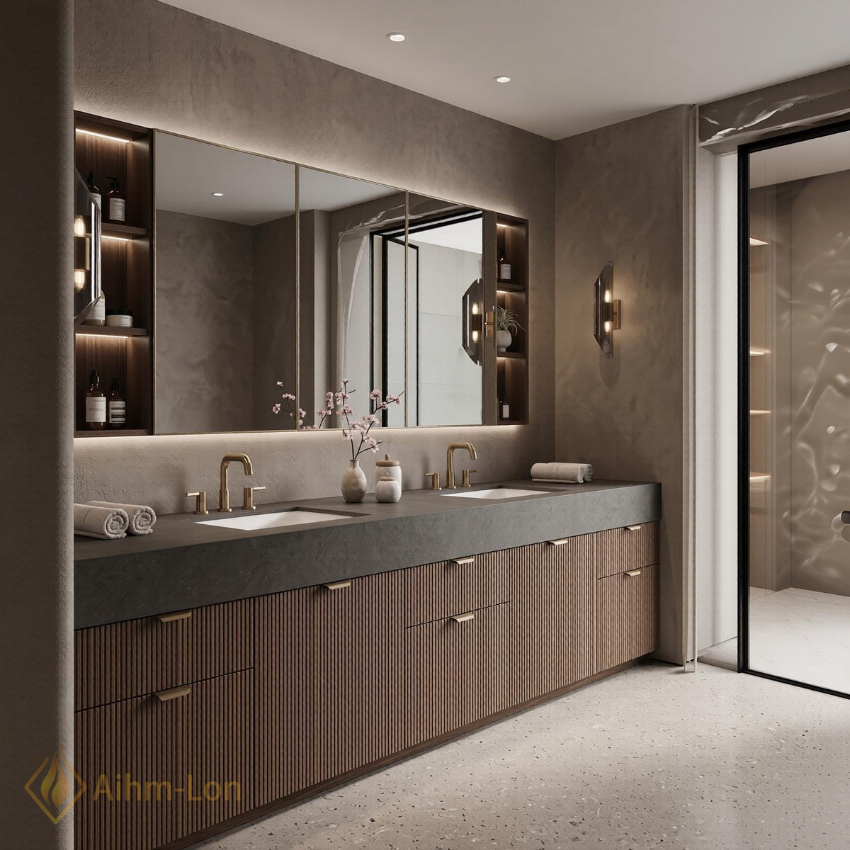 60''-96'' Double Bathroom Vanity with Sink Floating Dark Walnut Slatted Center Open