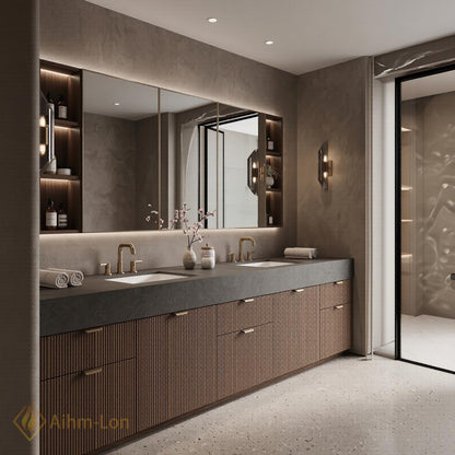 60''-96'' Double Bathroom Vanity with Sink Floating Dark Walnut Slatted Center Open