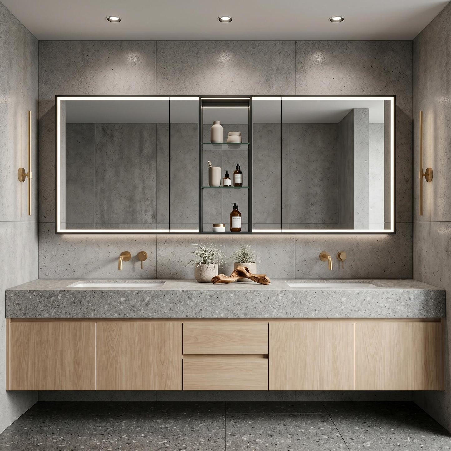 60''-96'' Modern Bathroom Vanity with Sink Floating Slatted Wood Center Glass Shelving