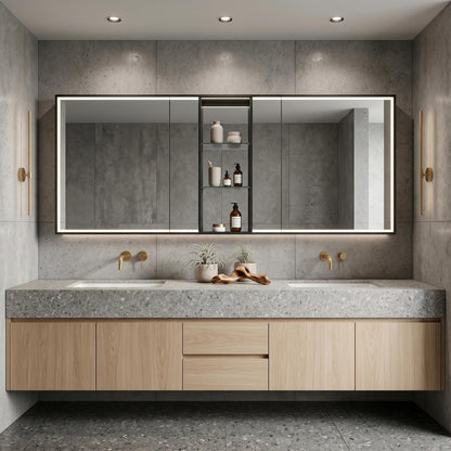 60''-96'' Modern Bathroom Vanity with Sink Floating Slatted Wood Center Glass Shelving