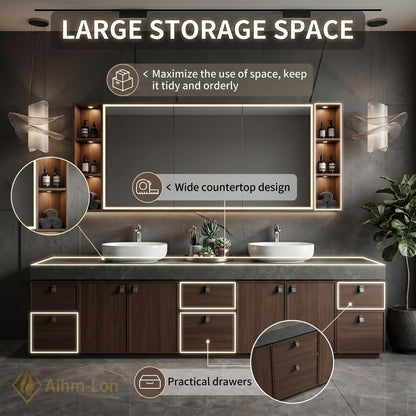 76''-96'' Modern Double Bathroom Vanity with Sink Dark Wood Stone Top Cabinet