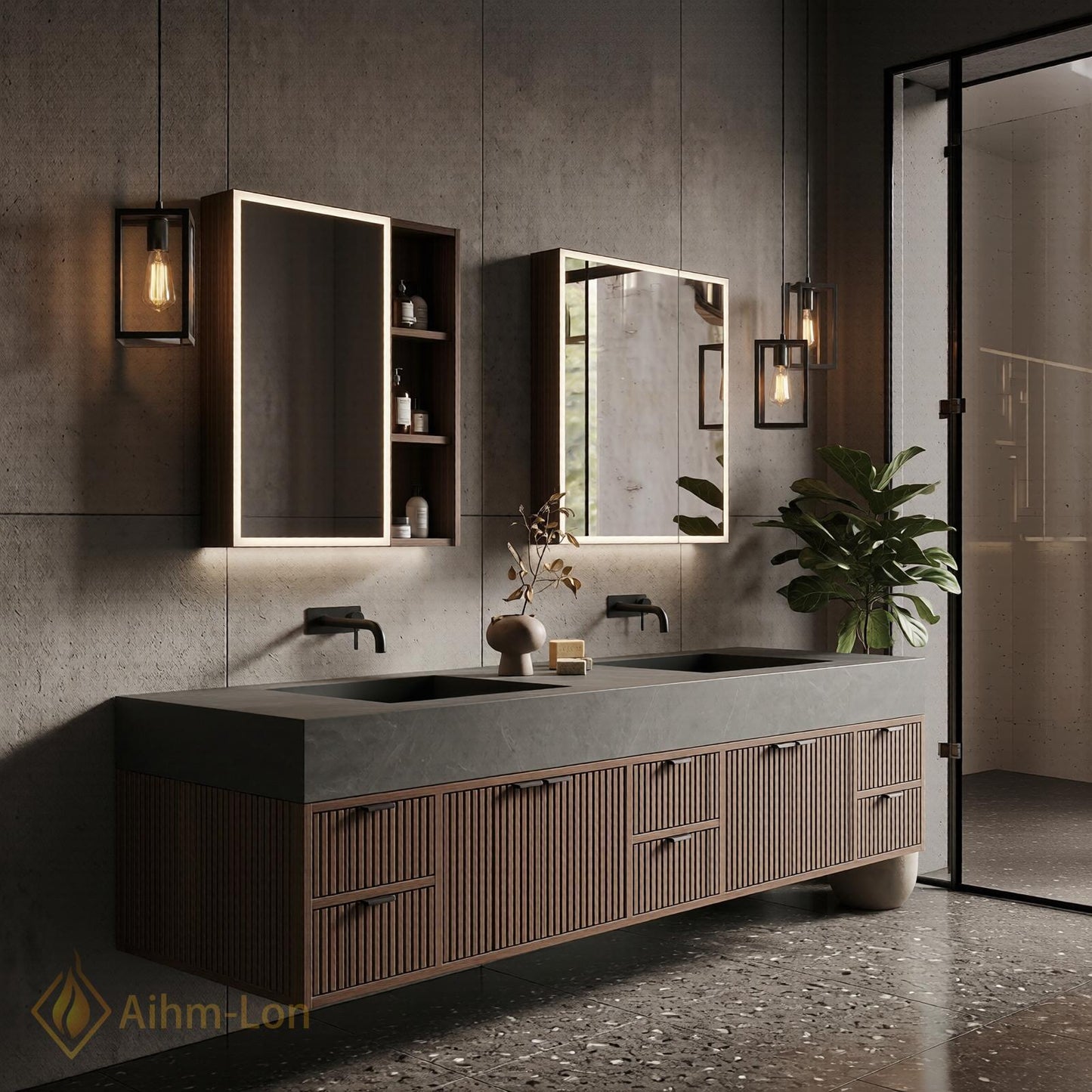 70''-96'' Modern Double Bathroom Vanity with Sink Floating Dark Wood Ridged Doors