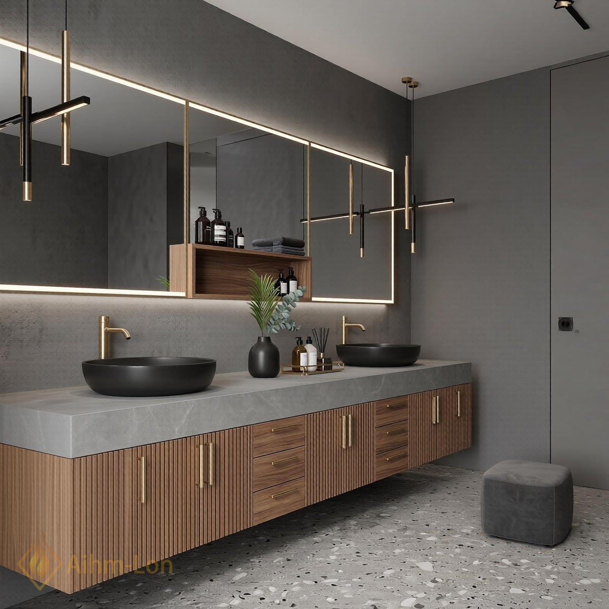 60''-96'' Bathroom Vanity with Sink Modern Floating Dark Slatted Panels Open Center