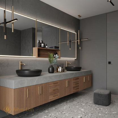 60''-96'' Bathroom Vanity with Sink Modern Floating Dark Slatted Panels Open Center