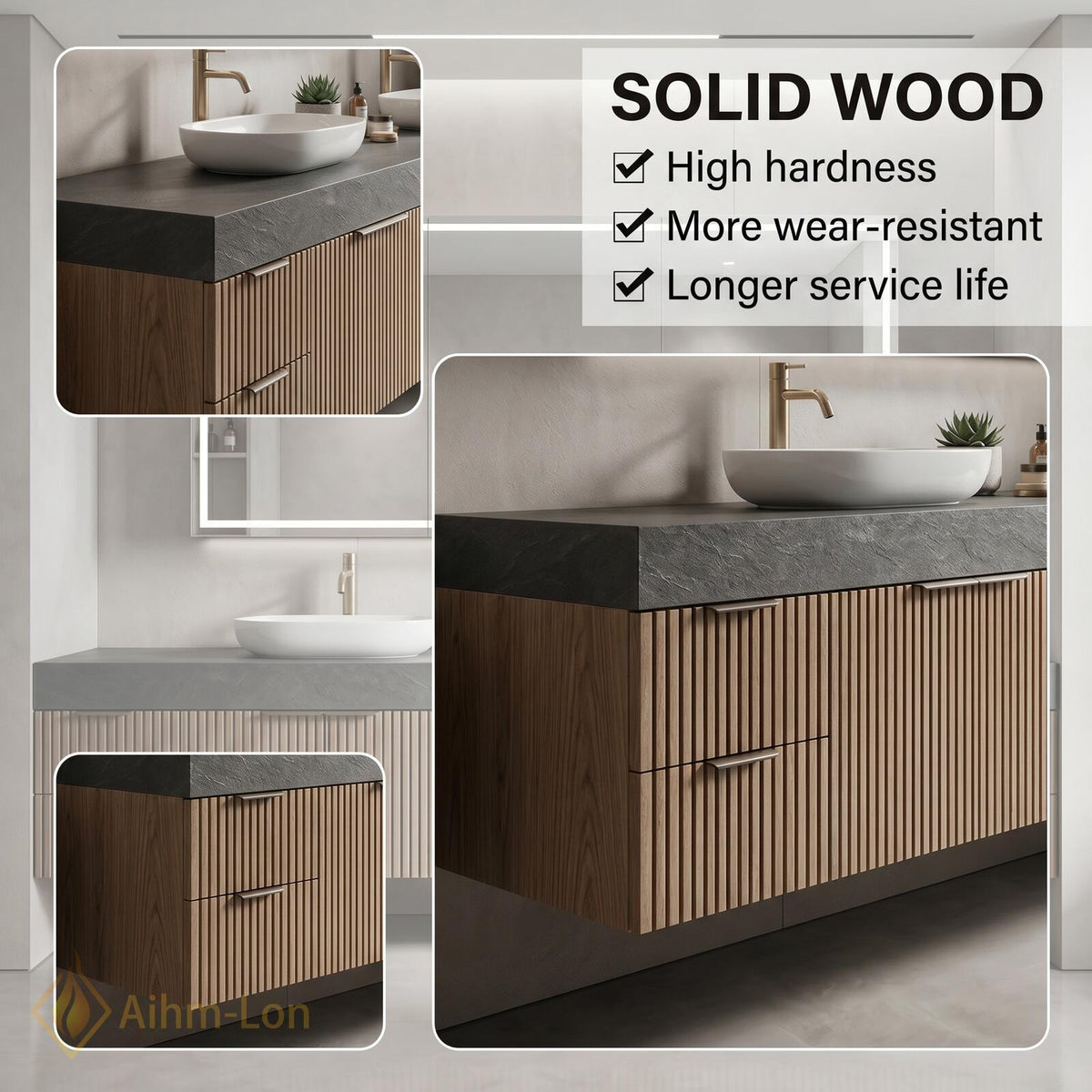 60''-96'' Double Bathroom Vanity with Sink Floating Dark Stone Top Vertical Wood Slats