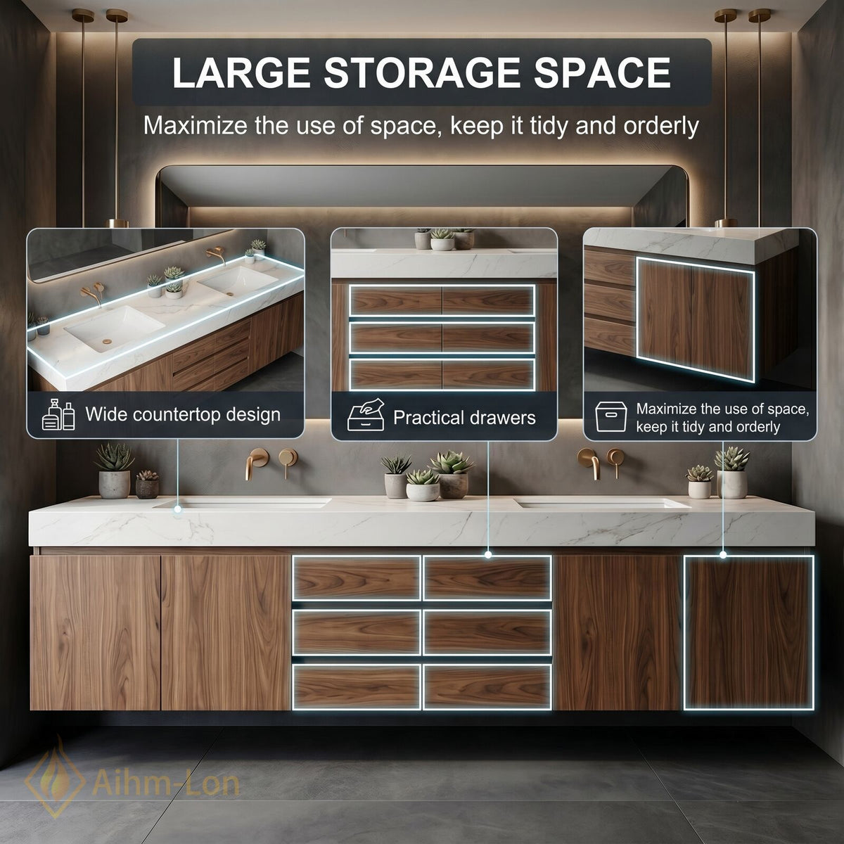 60''-96'' Double Bathroom Vanity with Sink White Marble Top Wood Grain Drawers