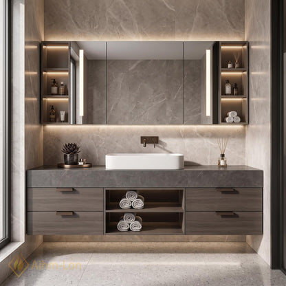 36''-110'' Floating Bathroom Vanity with Sink Grey Sintered Stone Open Shelving