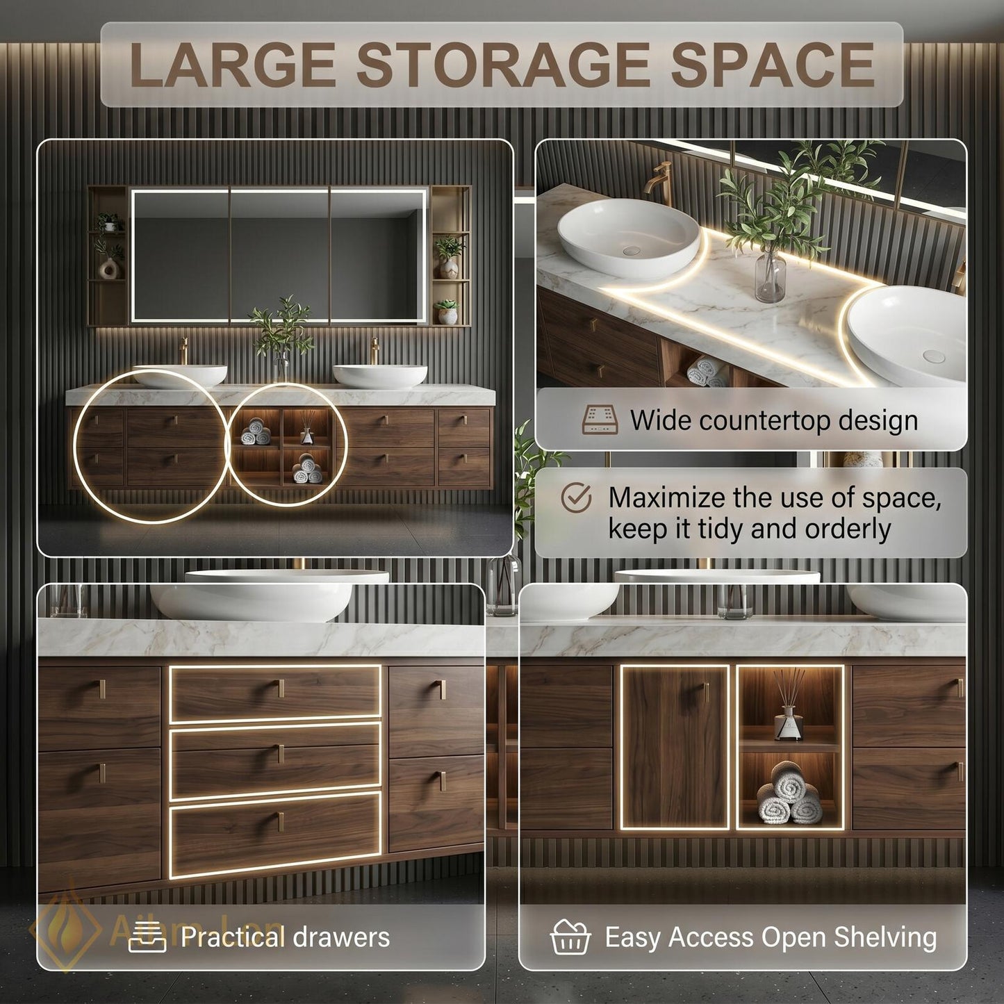 70''-96'' Bathroom Vanity with Sink Modern Floating Marble Top Warm Walnut Finish